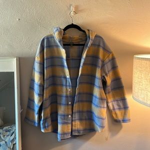 Gold and Blue Hooded Jacket With Front Buttons